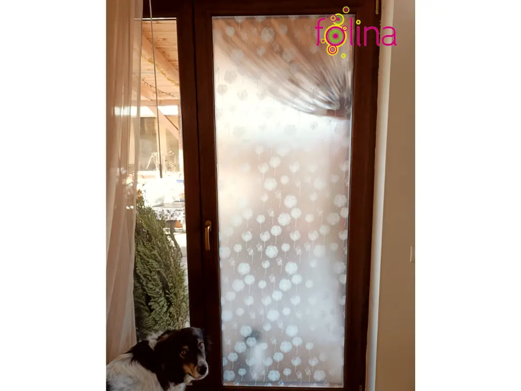 Folie geam autoadezivă, Folina Dandelion, sablare cu model păpădie albă, 90 cm lățimea rolei