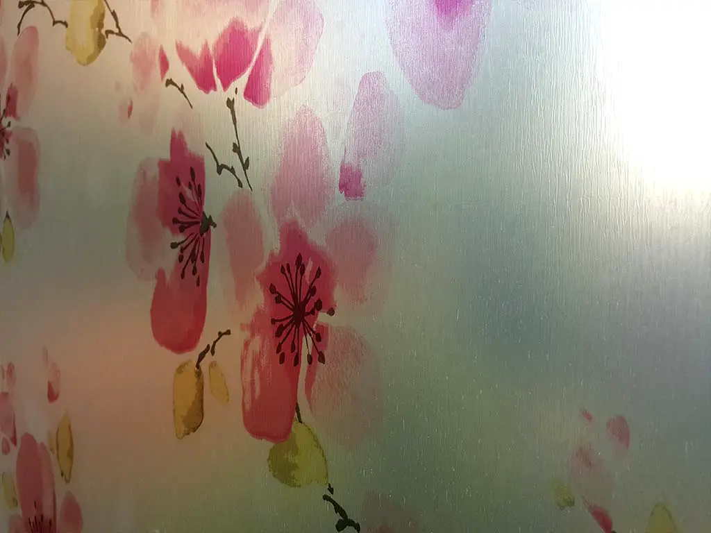 Folie geam autoadezivă, Magicfix, sablare cu imprimeu floral roșu, lățime 100 cm