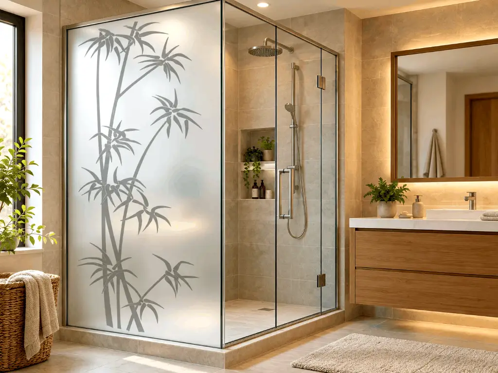 Folie sablată decorativă pentru cabină duș, model bambus, 100x210 cm