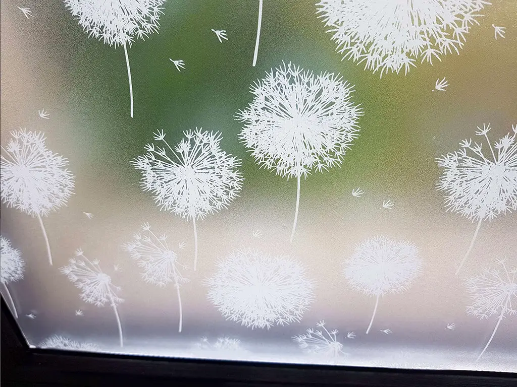 Folie geam autoadezivă, Folina Dandelion, sablare cu model păpădie albă, 90 cm lățimea rolei