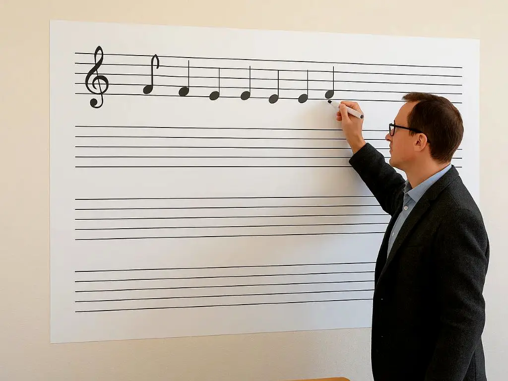 Folie tablă şcolară cu liniatură portativ, whiteboard autocolant, 130 cm