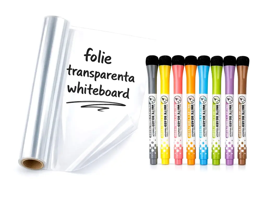 Folie autoadezivă transparentă tip whiteboard 127x100 cm + 8 markere colorate semipermanente