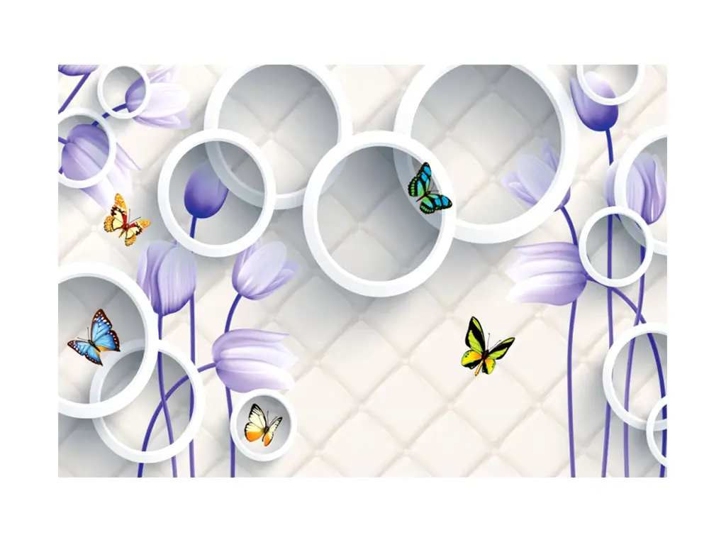 Fototapet 3D cu cercuri, flori şi fluturi, pe suport vlies, 368x254cm
