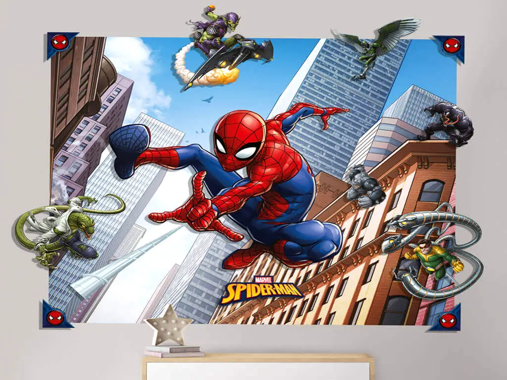Fototapet 3D Spider Man Pop Out Decoration, Walltastic, decorațiune multicoloră, dimensiuni fototapet 121x152 cm