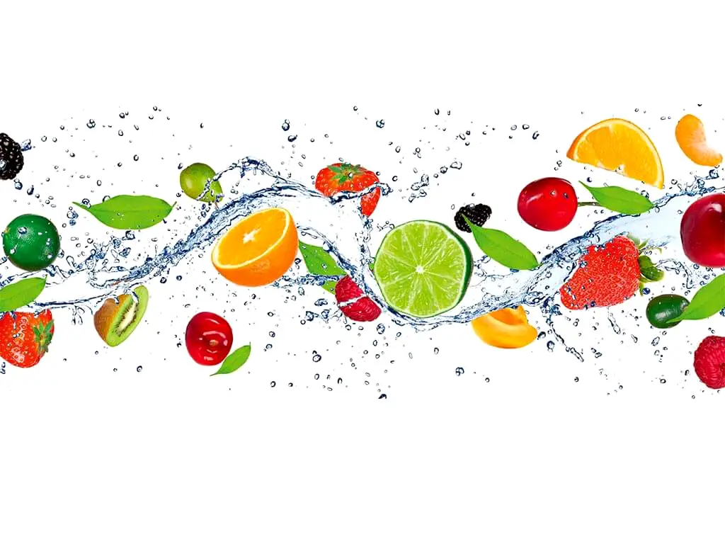 Fototapet bucătărie alb cu fructe, Dimex Fruits in water, dimensiuni 375x150 cm
