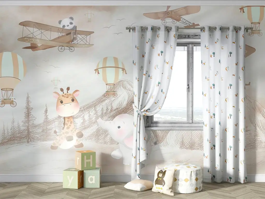 Fototapet copii cu animale, avioane, munți și baloane – design pastel, vlies, dimensiuni personalizabile