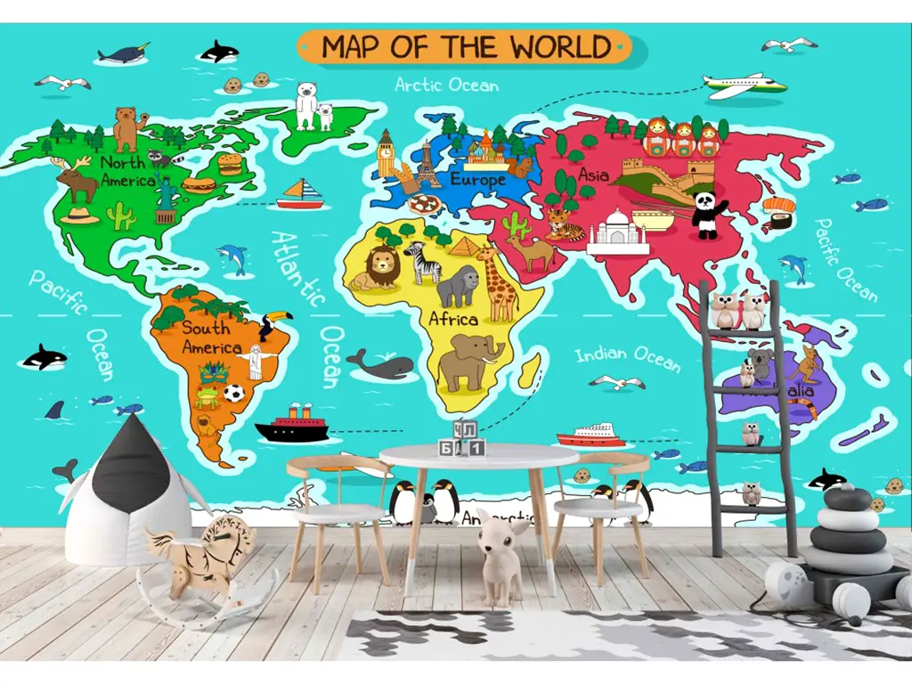 Fototapet cameră copii Harta lumii, multicolor, 400x260 cm