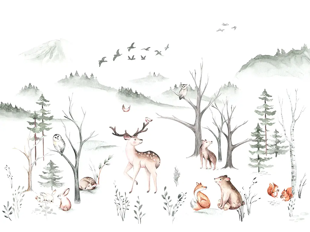 Fototapet cameră copii, Komar Cozy Woods, peisaj cu animalele pădurii, 400x280 cm