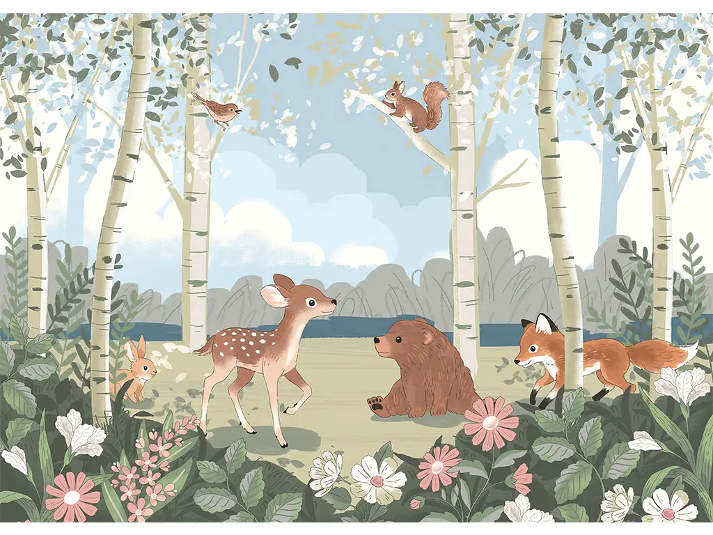 Fototapet cameră copii, Komar Today's story, peisaj cu animalele pădurii, 350x250 cm