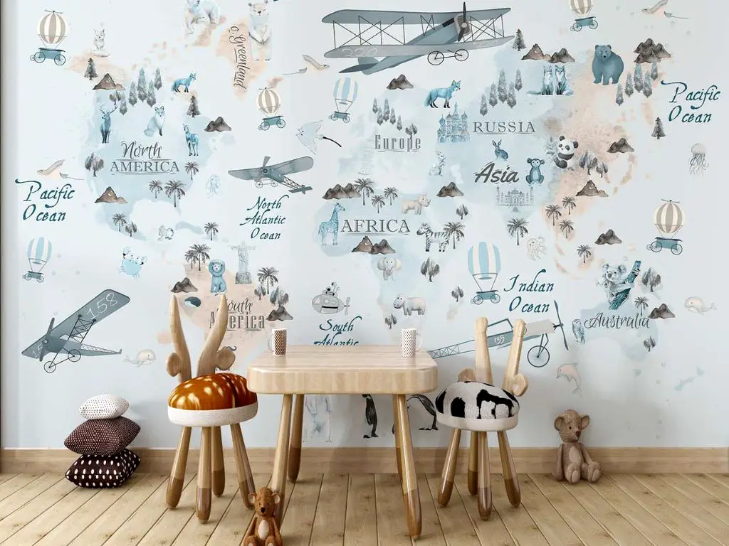 Fototapet copii harta lumii pastel cu animale și continente – educativ, calm și modern, material vlies, dimensiuni personalizabile