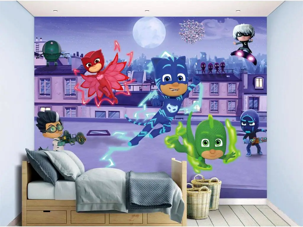 Fototapet copii Eroi în pijama PJ Masks, Walltastic, decorațiune multicoloră, dimensiune fototapet 304x244 cm