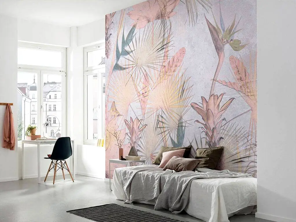 Fototapet floral Tropical Concrete, Komar, culori pastel, dimensiune fototapet 368x254 cm