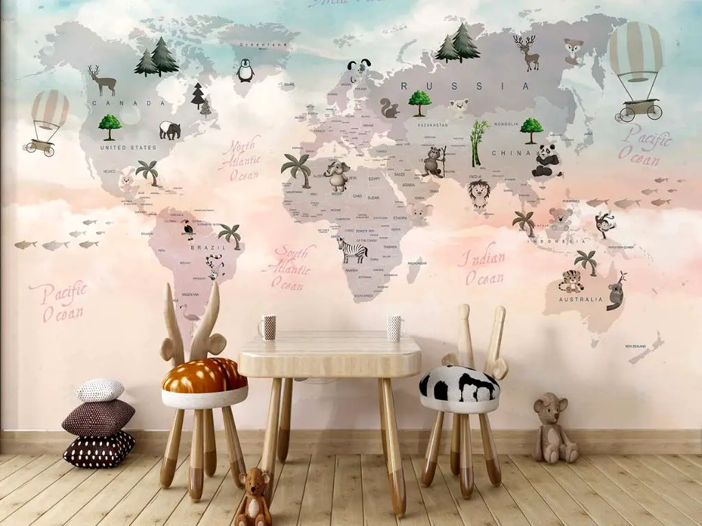 Fototapet copii harta lumii cu țări și animale - decor în nuanțe pastel, material vlies, dimensiuni personalizabile