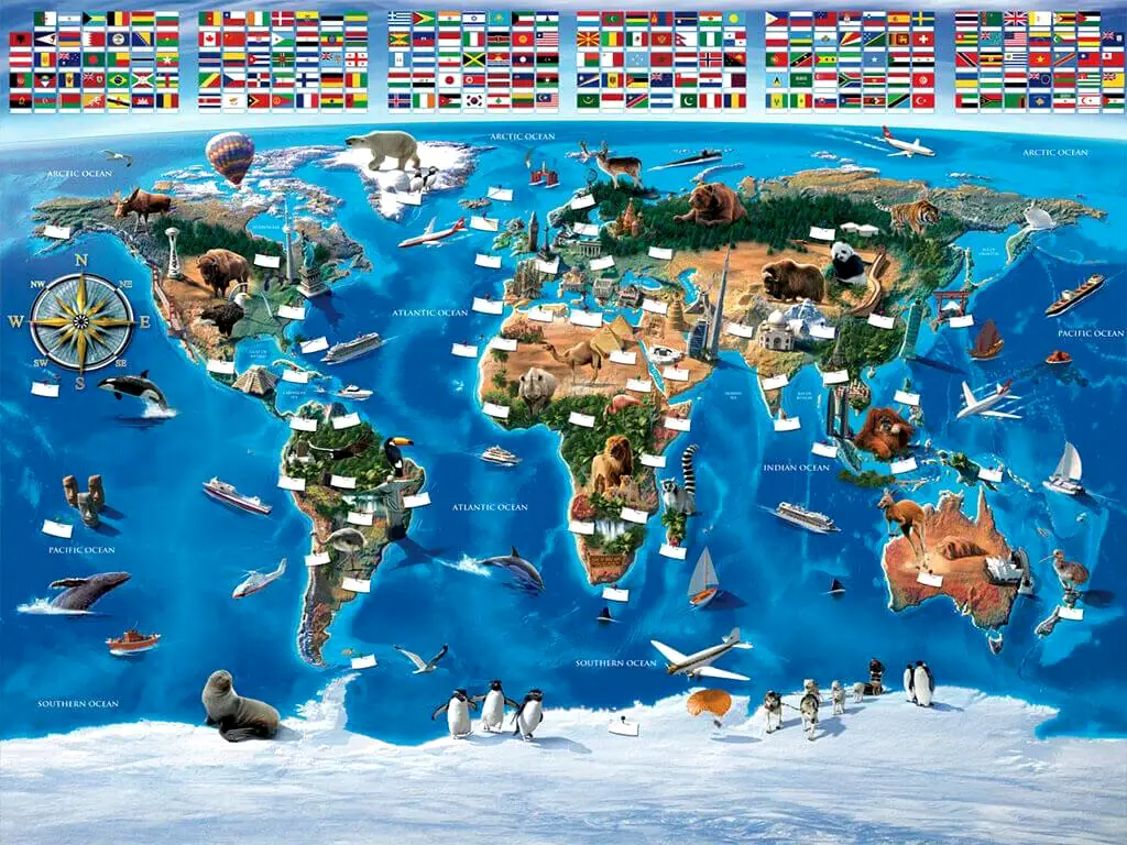 Fototapet Harta lumii cu steaguri, Walltastic, decorațiune multicoloră, dimensiune fototapet 305x244 cm