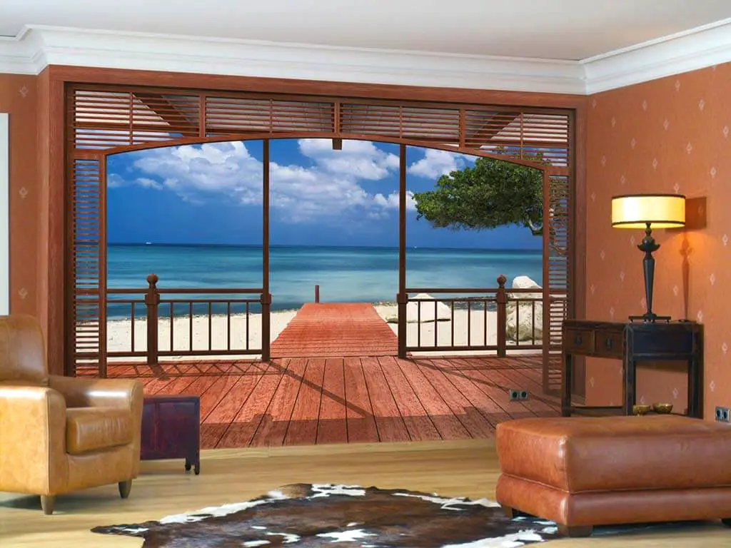 Fototapet plajă El Paradiso, Komar, decorațiune cu peisaj fereastră 3D, fototapet 388x270 cm