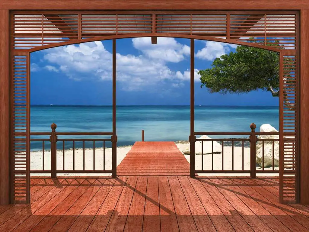 Fototapet plajă El Paradiso, Komar, decorațiune cu peisaj fereastră 3D, fototapet 388x270 cm