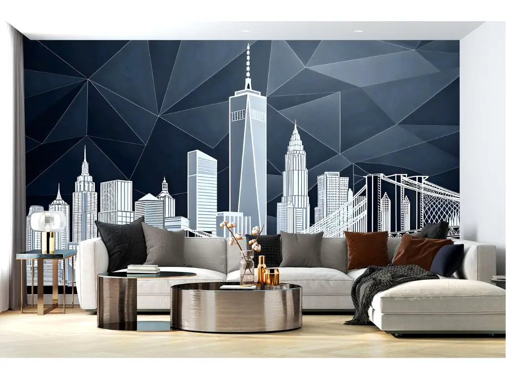 Fototapet peisaj urban, Manhattan Facets, design grafic în nuanțe de gri, vlies, 400x260 cm