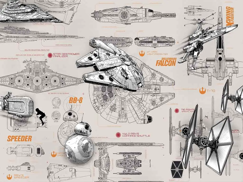 Fototapet Star Wars Blueprints, Komar, imprimeu cu schițele navelor, multicolor, 368x254 cm