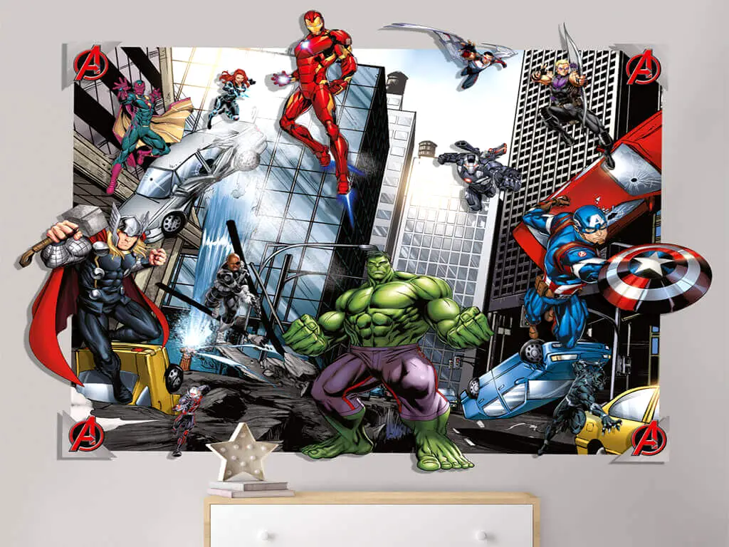 Fototapet 3D Supereroi Marvel Pop Out Decoration, Walltastic, decorațiune multicoloră, dimensiuni fototapet 121x152 cm