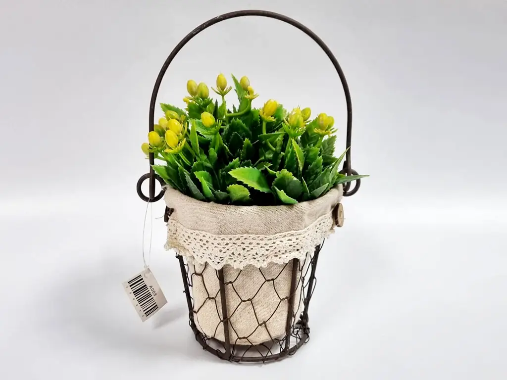 Găletuşă decorativă, Folina, model vintage, cu plante artificiale verzi şi muguri galbeni