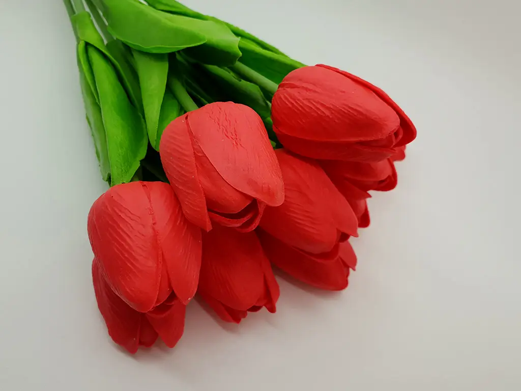 Lalele artificiale roşii, buchet cu 7 flori, 30 cm înălţime