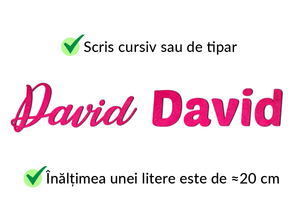 Litere sau cifre personalizate din fetru (până la 4 litere/cifre), pâslă colorată, 13 culori disponibile, grosime de 3 mm