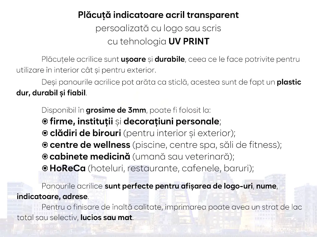 Plăcuță personalizată la comandă cu adresa sau afacerea ta cu logo, text sau grafică, printare UV, distanțiere incluse