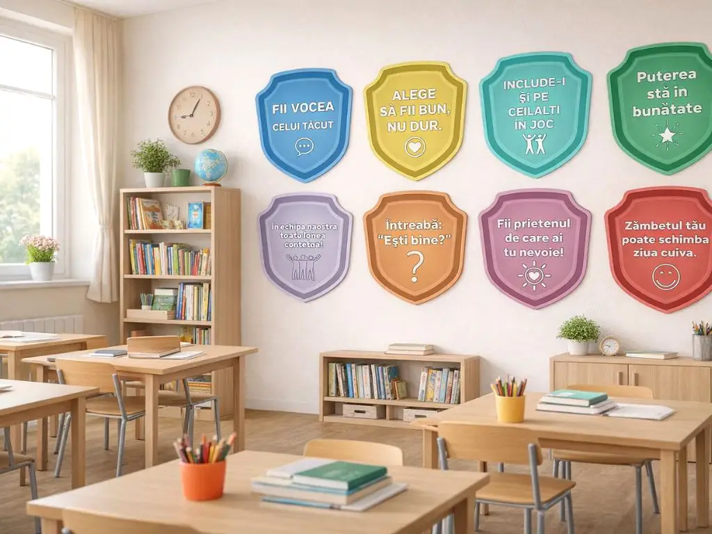 Set 8 stickere educative cu mesaje, Eroii prieteniei, pentru decor sală de clasă