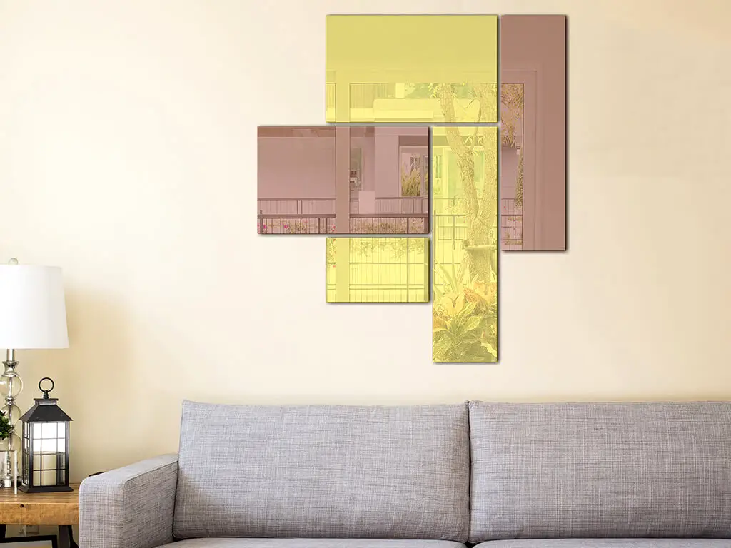 Oglindă decorativă Imani, Folina, decoraţiune perete din oglindă acrilică bronz şi aurie, model geometric
