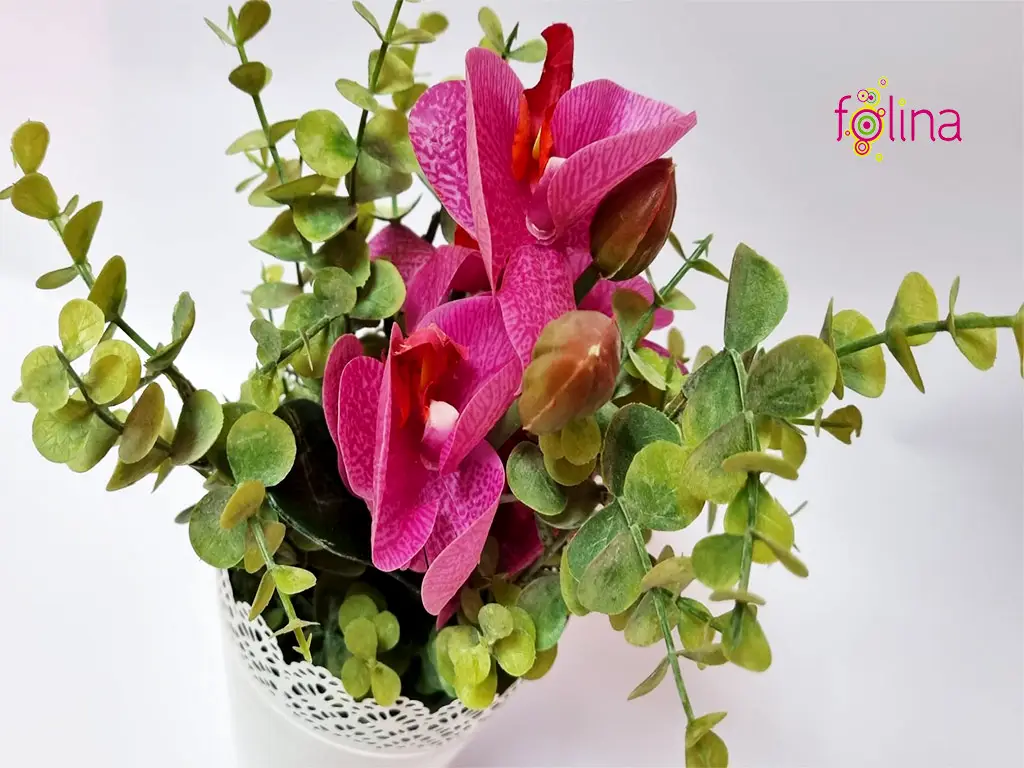 Orhidee artificială roz, aranjament în vas metalic alb, 30 cm înălţime