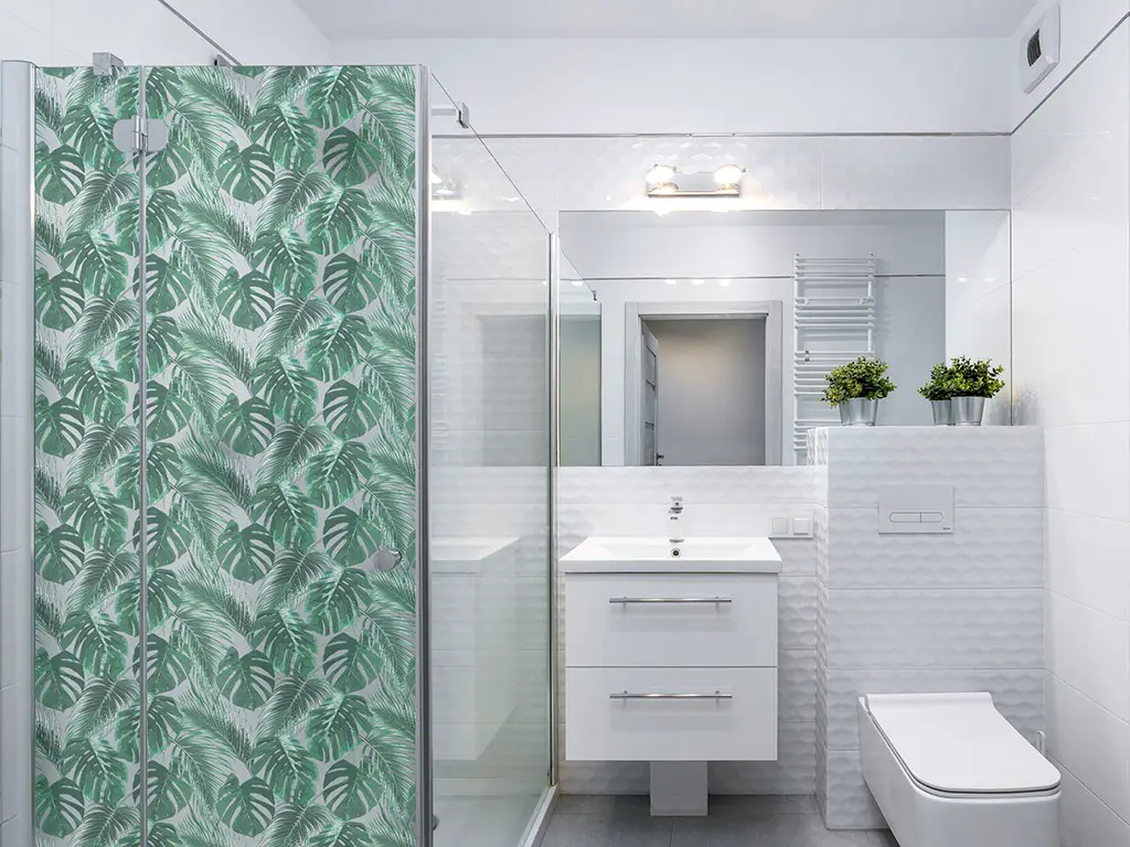 Folie geam cabină duş, Folina, sablare cu imprimeu frunze verzi, rolă de 100x210 cm