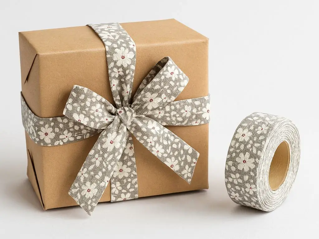 Panglică textilă decorativă, gri cu model floral alb, rolă de 20 metri lungime
