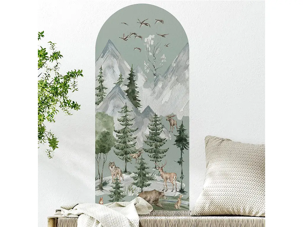 Sticker decorativ peisaj cu animalele pădurii, pentru perete sau uşă, 55x120 cm