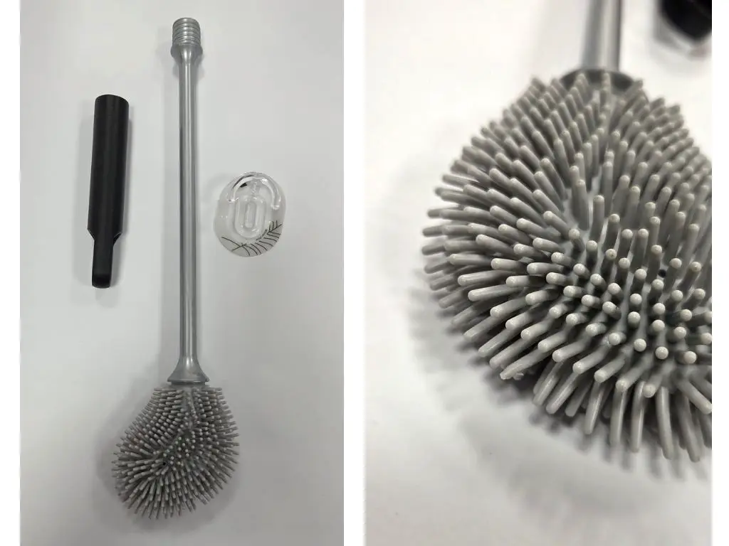 Perie toaletă silicon cu suport tip agățătoare + 6 site parfumate anti-stropire pentru pișoar