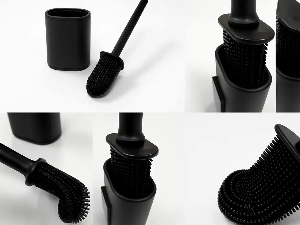 Perie toaletă din silicon negru – cap flexibil, igienică, cu suport ce poate fi fixat perete