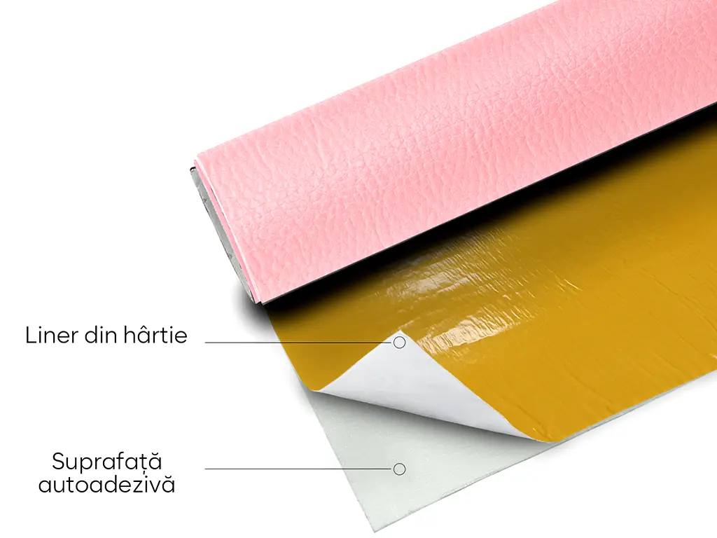 Piele ecologică autoadezivă culoare roz bombon, aspect natural, moale și flexibilă, grosime 0,8 mm, lățime 137 cm