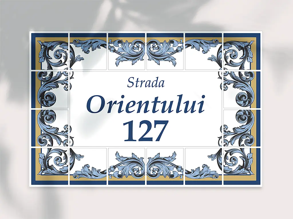 Placuță cu număr și adresă casă, model azulejos Lisabona, printare UV și text personalizat, 15x22 cm, bandă dublu adezivă inclusă 