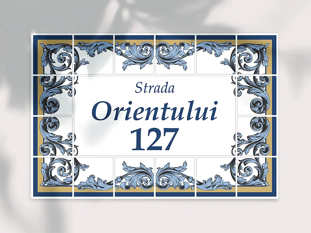 Placuță cu număr și adresă casă, model azulejos Lisabona, printare UV și text personalizat, 15x22 cm, bandă dublu adezivă inclusă
