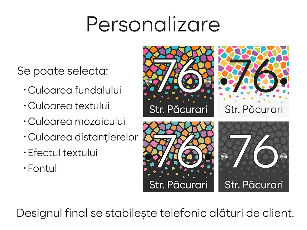 Plăcuță personalizată la comandă, model mozaic, printare UV, distanțiere incluse