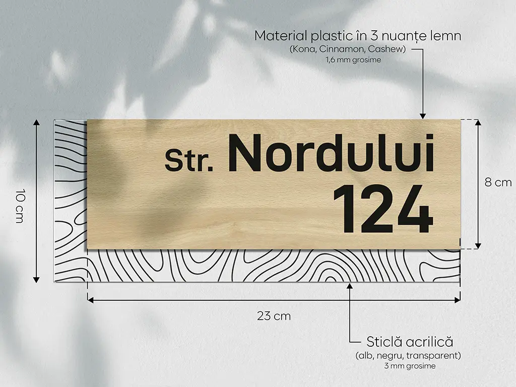 Plăcuță personalizată cu număr și adresă în două straturi, model modern printat UV, text personalizat, 25x10 cm