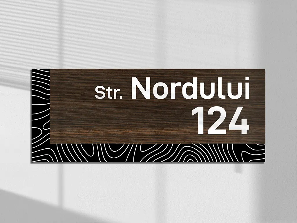 Plăcuță personalizată cu număr și adresă în două straturi, model modern printat UV, text personalizat, 25x10 cm