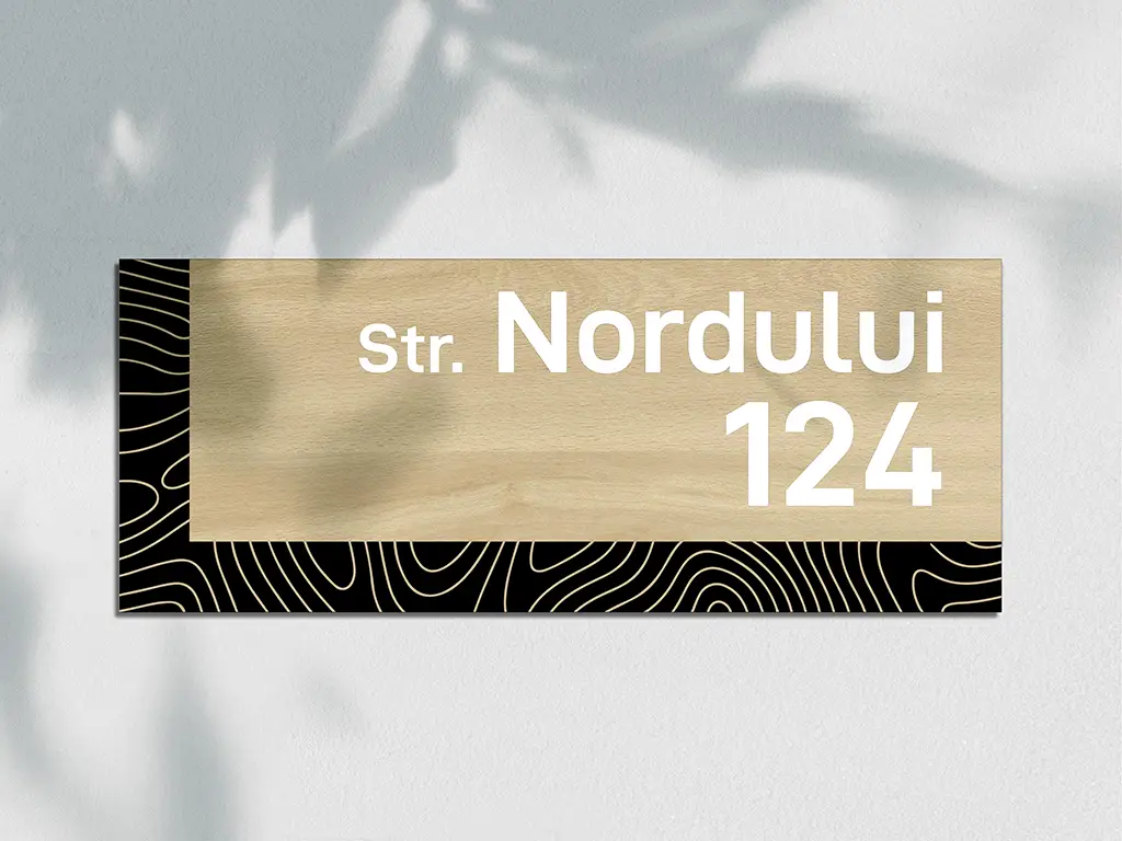 Plăcuță personalizată cu număr și adresă în două straturi, model modern printat UV, text personalizat, 25x10 cm