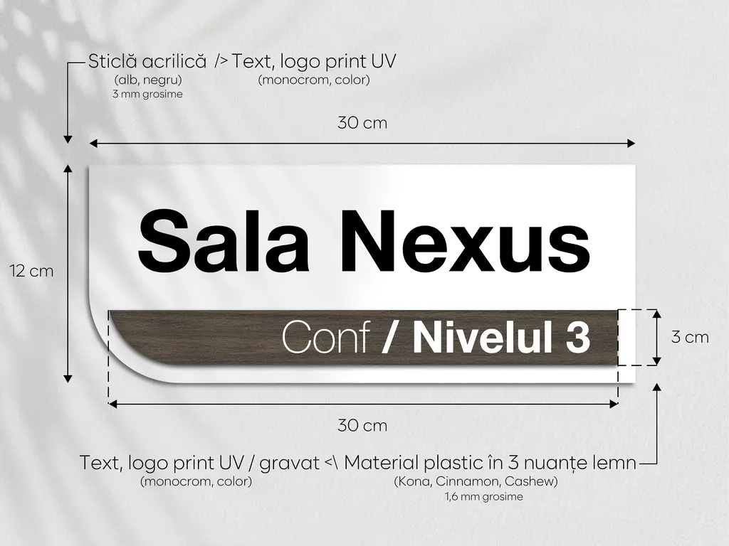 Placuță modernă personalizată cu print UV ideală pentru firme, birouri, spații comerciale sau instituții, 30x12 cm