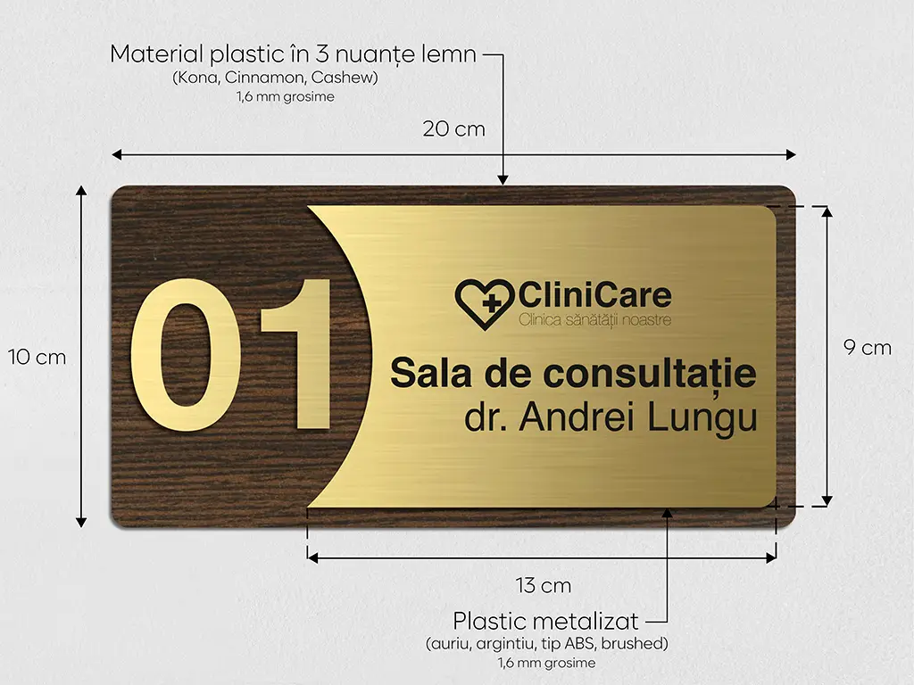 Plăcuță modernă personalizată cu print UV ideală pentru clinici, cabinete medicale, laboratoare sau firme și spații comerciale, diverse combinații de culori, 20x10 cm