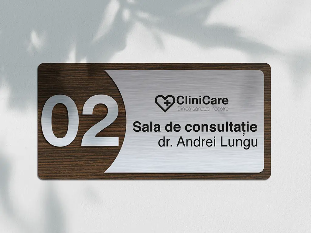 Plăcuță modernă personalizată cu print UV ideală pentru clinici, cabinete medicale, laboratoare sau firme și spații comerciale, diverse combinații de culori, 20x10 cm
