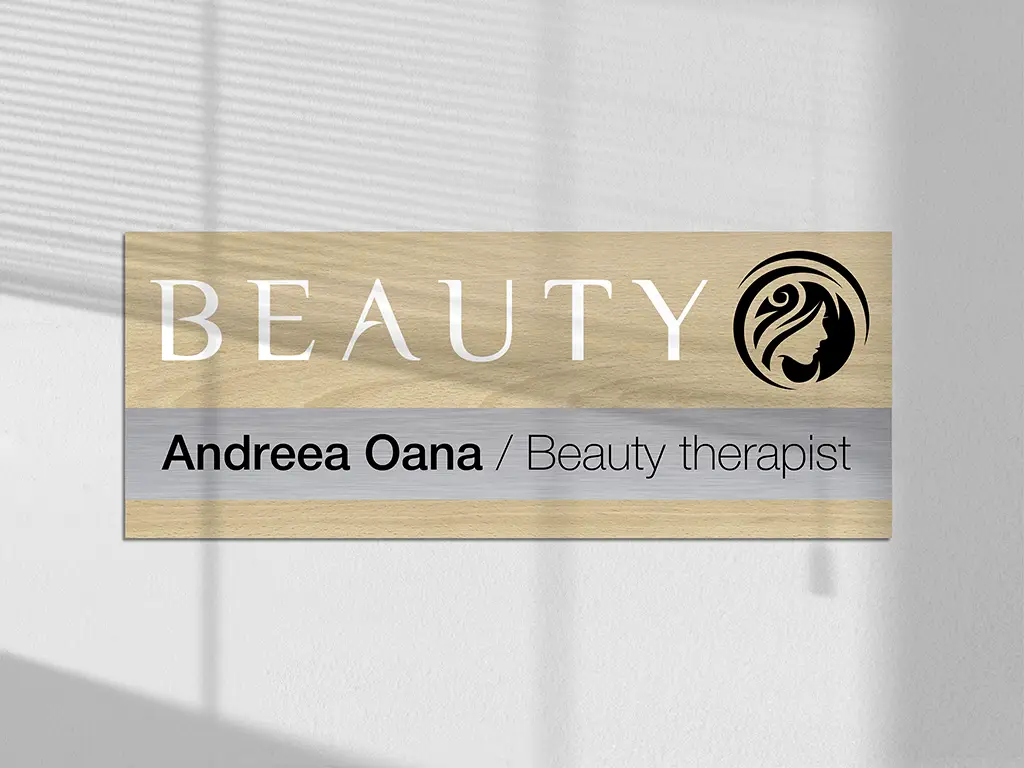 Plăcuță nature personalizată cu print UV ideală pentru firme, birouri, spații comerciale sau instituții, diverse combinații de culori, 25x12 cm