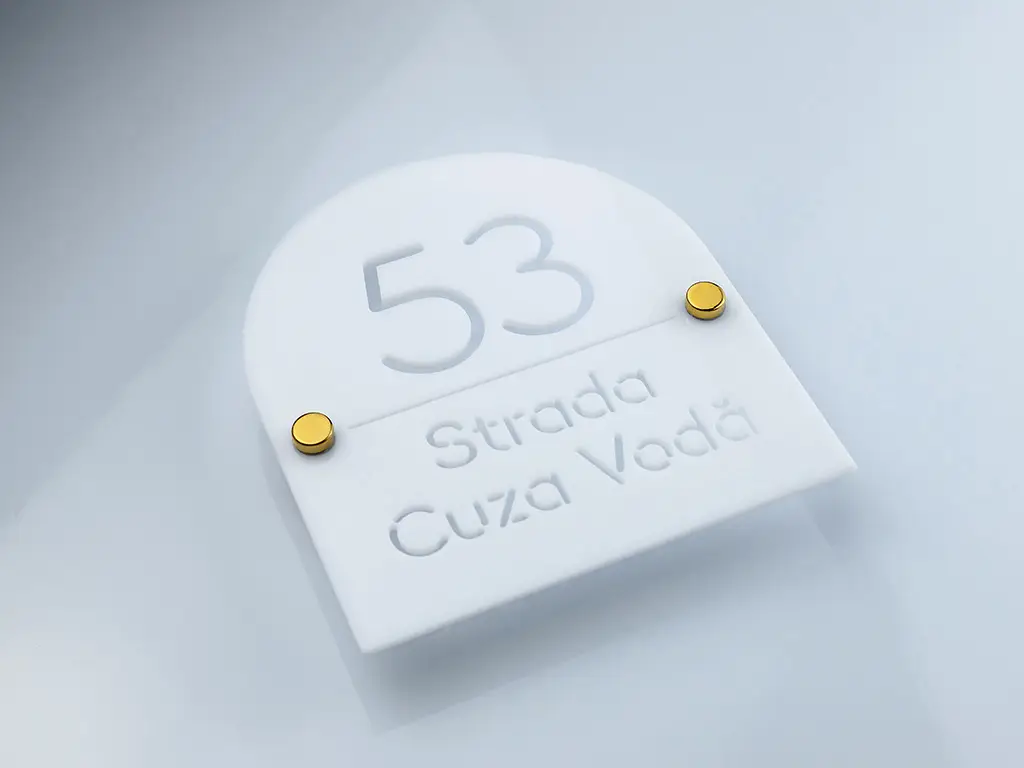 Plăcuță număr și adresă casă din plexiglass, cu text personalizat prin decupare