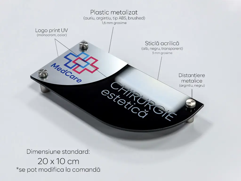 Plăcuță personalizată cu print UV pentru birouri, spații comerciale, firme și instituții, distanțiere incluse