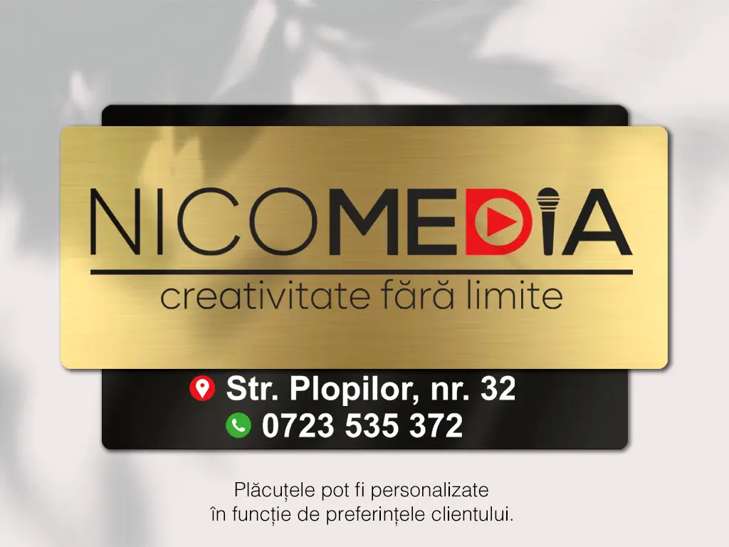 Plăcuță personalizată din două straturi cu print UV pentru birouri, spații comerciale, firme și instituții, distanțiere incluse