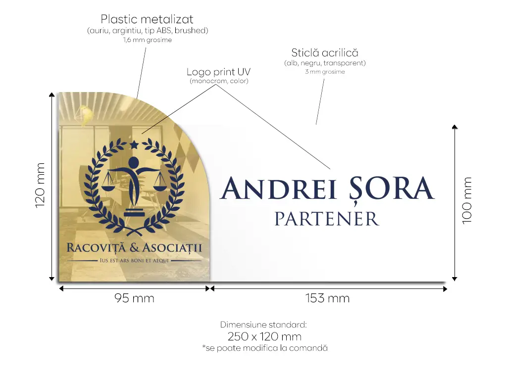 Plăcuță personalizată elegantă cu oglindă acrilică și print UV pentru firme, spații comerciale, birouri sau instituții